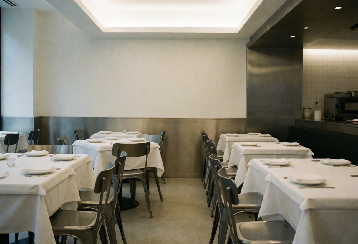 Clean modern dining room with white tablecloths and metal chairs ready for customers