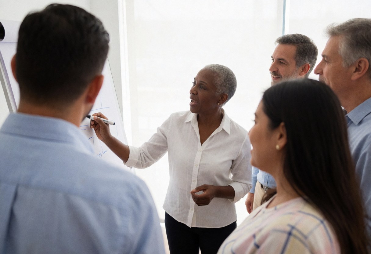 A woman leads a workshop in an office, writing on a flip chart while a group of adults watches attentively.