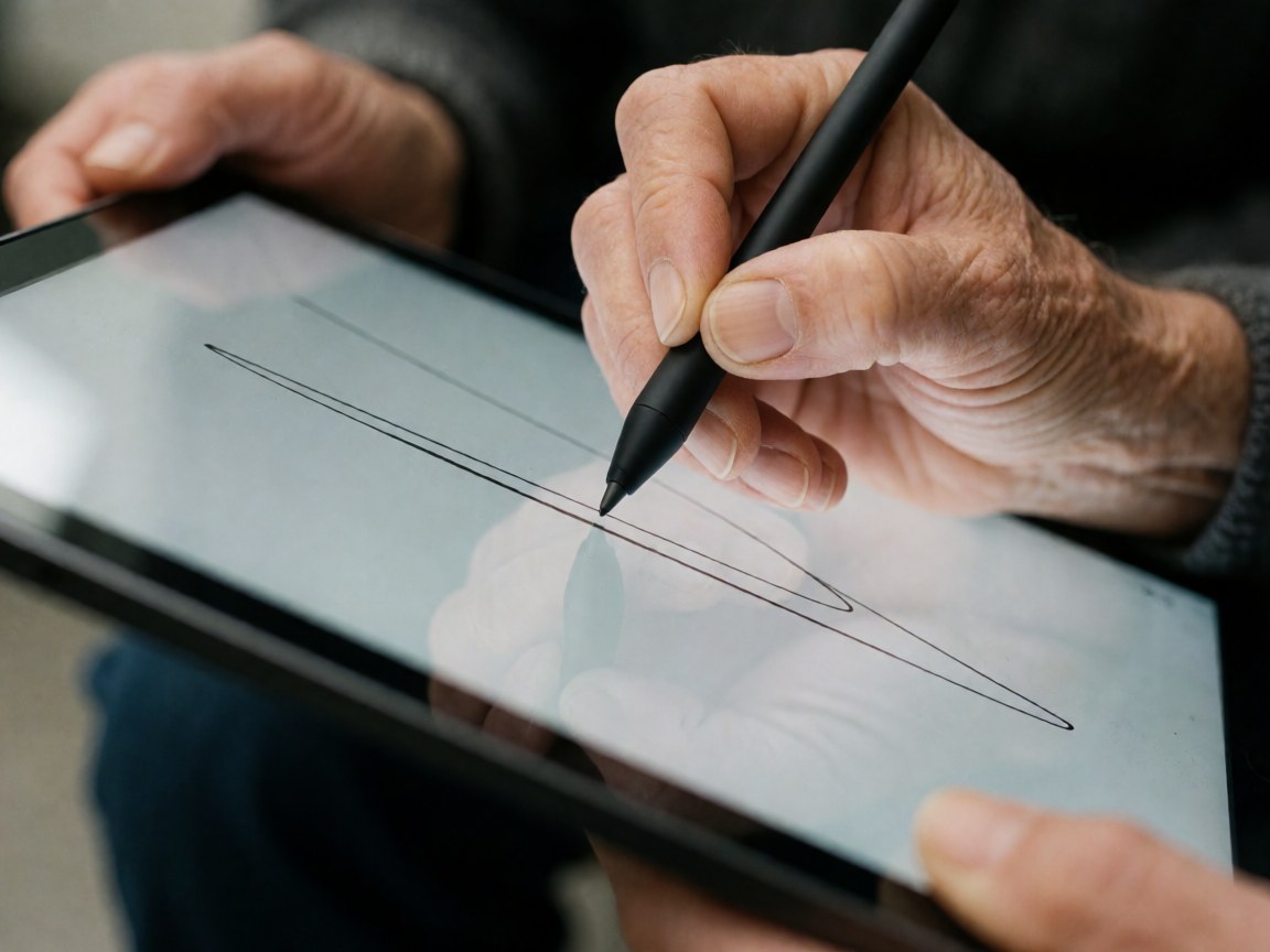 Close-up of an adult hand using a black stylus to draw precise lines on a tablet screen, illustrating digital design work.