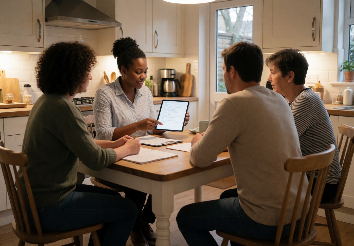 A solar energy consultant shows a quote on a tablet to a couple in their kitchen while taking notes.