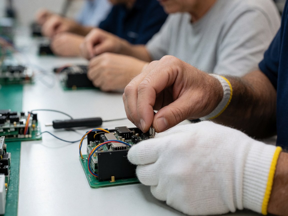 Gloved hands carefully assembling electronic parts on a green circuit board in a clean factory workspace