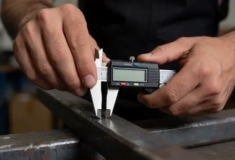 Close-up of a worker's hand using digital calipers to measure metal thickness, highlighting precision and industrial tools in a field setting