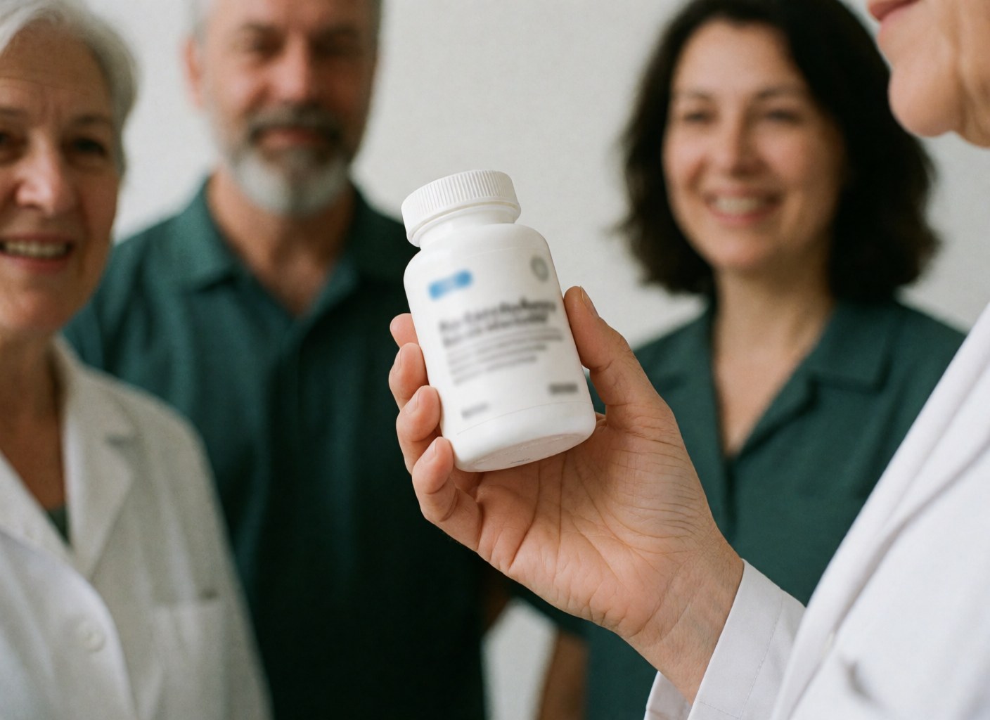 Close-up of an adult hand holding a white nutritional supplement bottle with blurred professionals in the background