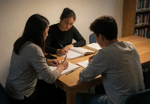 Three young students sitting at a wooden table in a library, writing in notebooks and open books.