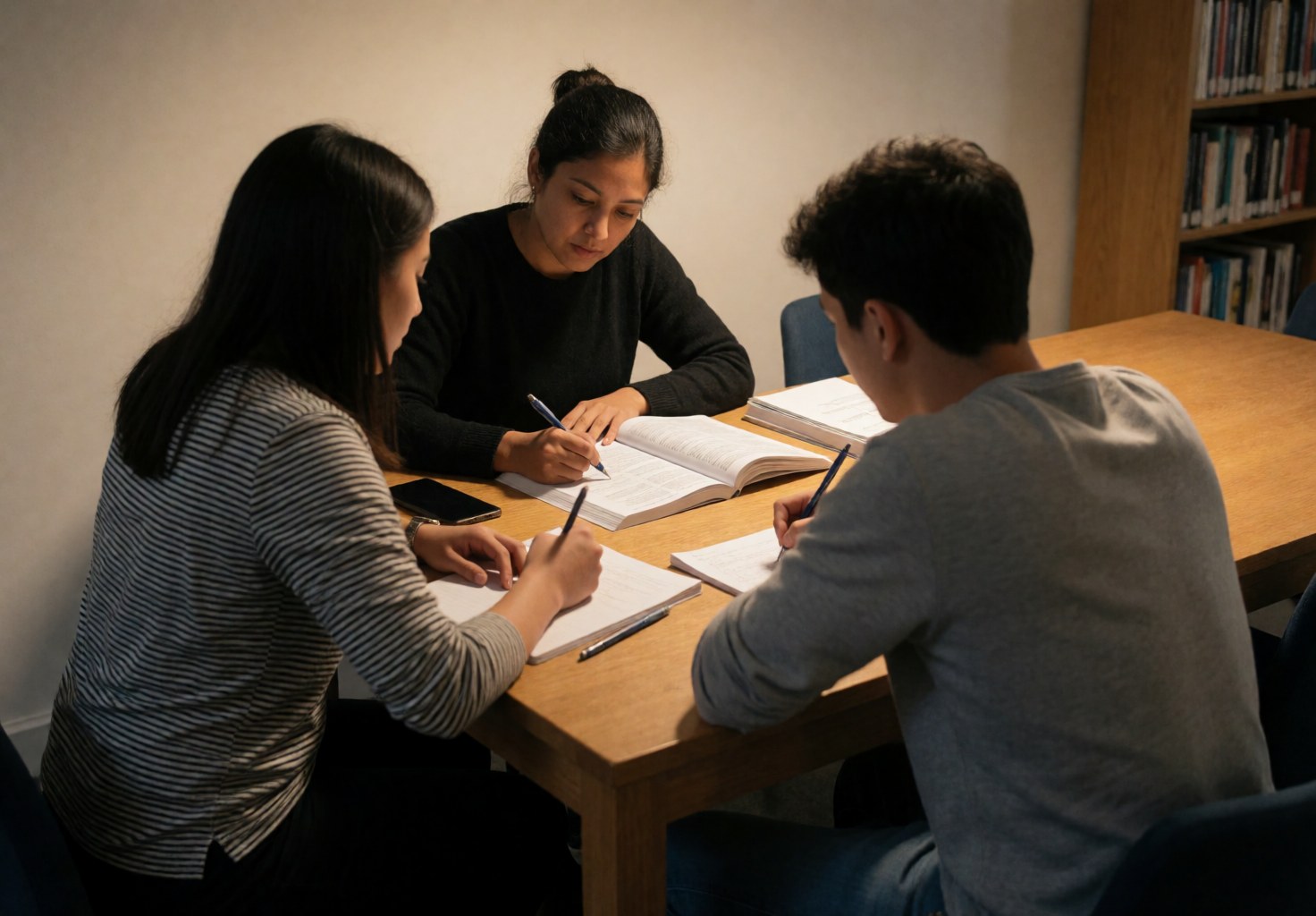 Three young students working together at a wooden table in a library with open books and notebooks