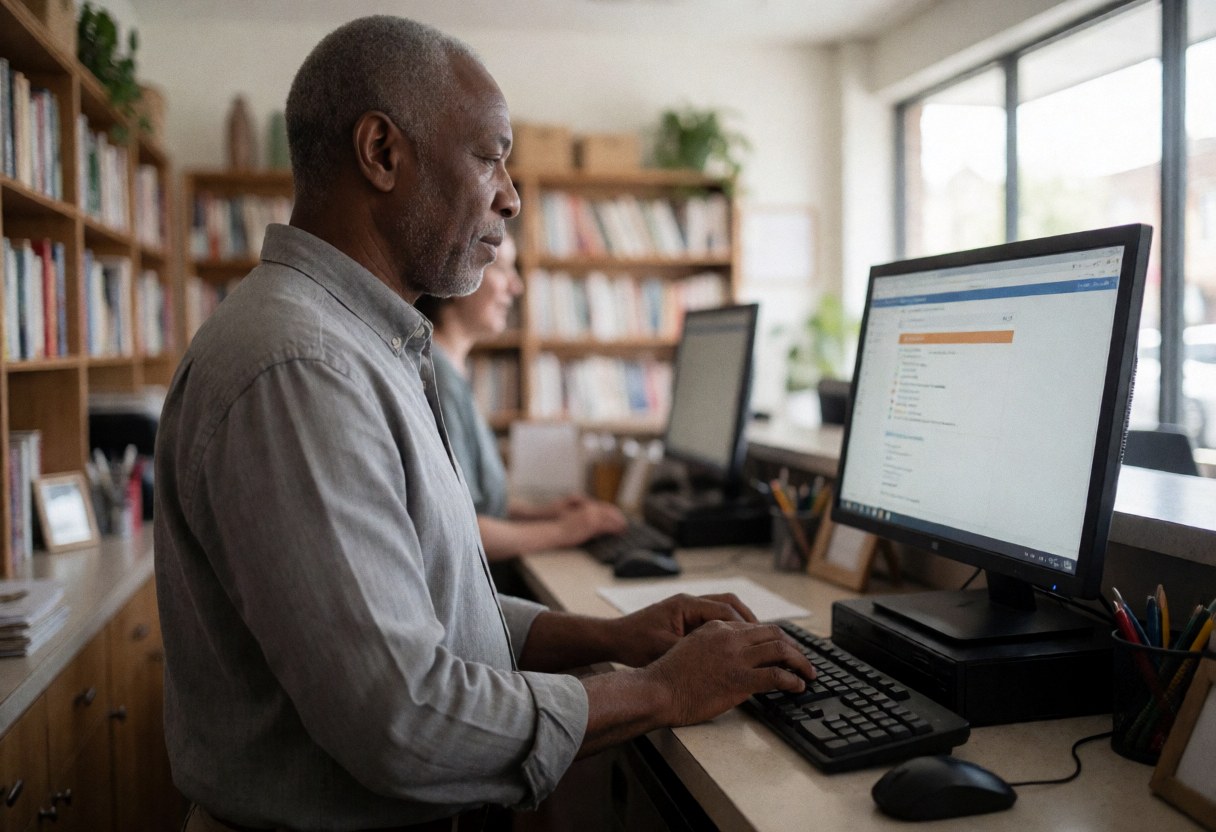 An older man in a gray shirt works on a computer in an office with bookshelves and natural light from the window.