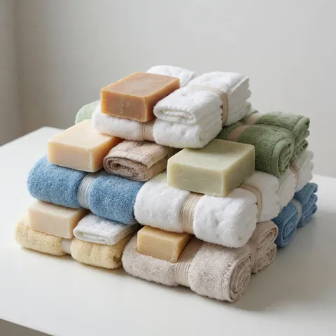 Neat stack of hygiene kits containing colorful towels and solid soap, suitable for nonprofit organizations supporting families in need.