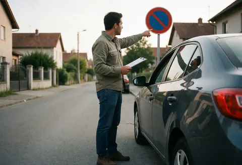 Driving school instructor teaching a student driver about traffic signals inside a parked car on a residential street