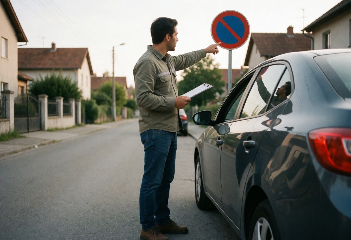 Driving school instructor teaching a student driver about traffic signals inside a parked car on a residential street