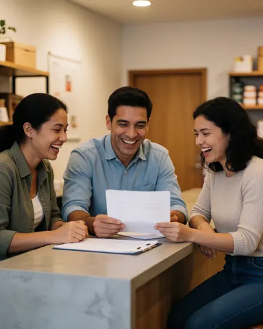 Three technology store employees laughing while reviewing documents at a modern reception desk with warm lighting.