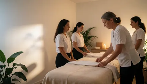 Four therapists prepare a massage table with towels in a salon with plants and warm light