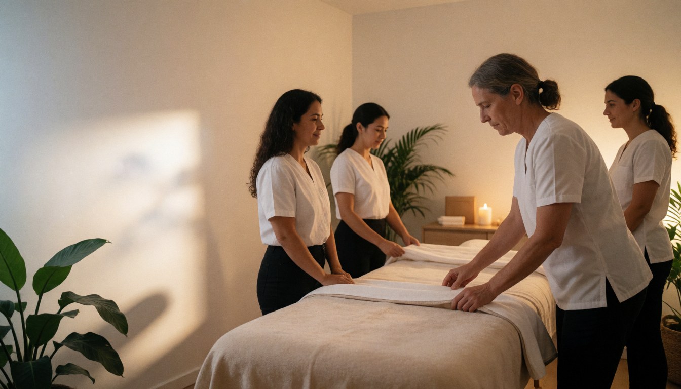Four therapists prepare a massage table with towels in a salon with plants and warm light