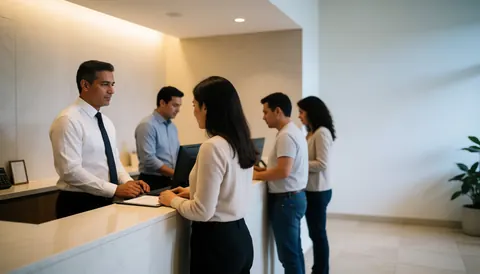 Reception staff assisting clients at a modern corporate lobby desk with computers and documents in a professional environment