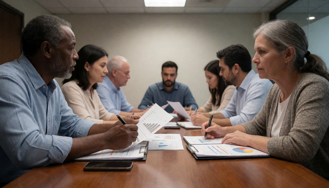 A team of accounting professionals reviewing financial reports during an office meeting, seated around a wooden table with charts and documents.