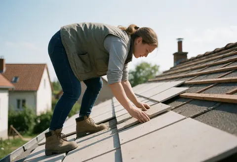A young woman placing tiles on a residential roof with tools and houses in the background, illustrating construction services.