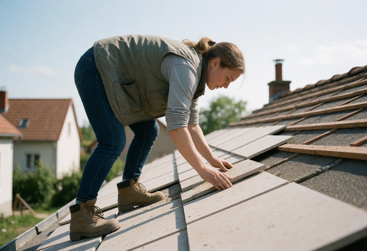 A young woman placing tiles on a residential roof with tools and houses in the background, illustrating construction services.
