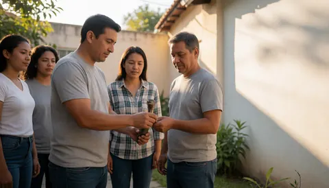 A team of plumbers working in a home with white walls and natural light, one holding a tool while the other observes