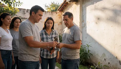 A plumber and a client work together on a house, holding tools, while others watch.