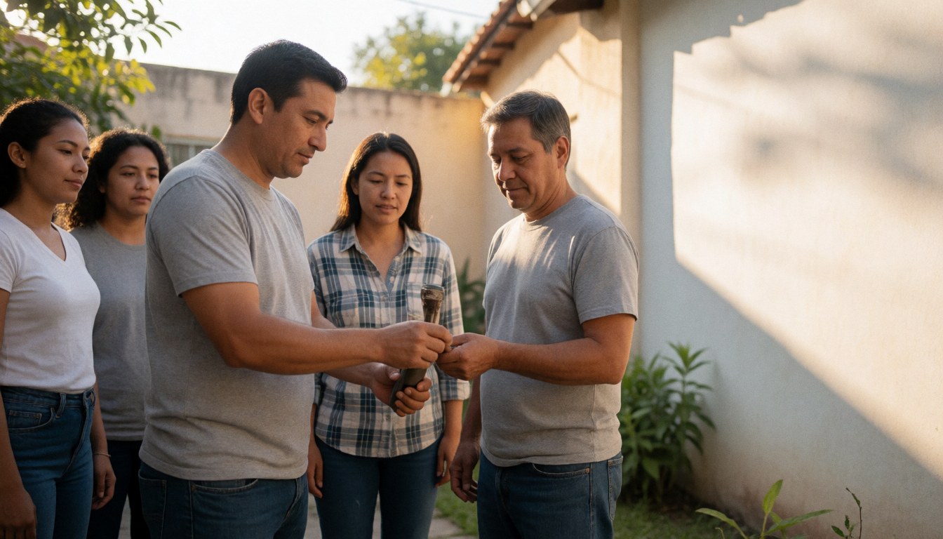 A team of plumbers working in a home with white walls and natural light, one holding a tool while the other observes