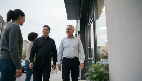 Four professional driving instructors walking outdoors in front of a modern glass building on a cloudy day