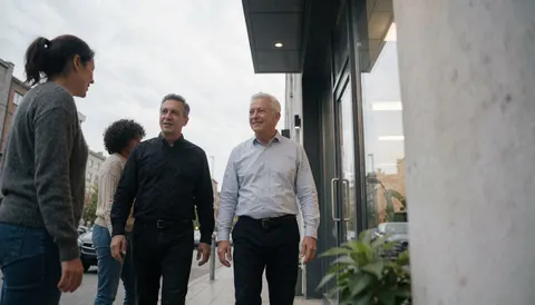 Four people walking and talking in front of the entrance of a modern glass building.
