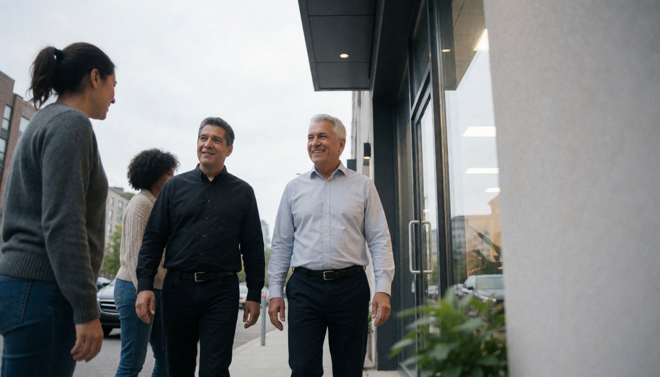 Four professional driving instructors walking outdoors in front of a modern glass building on a cloudy day