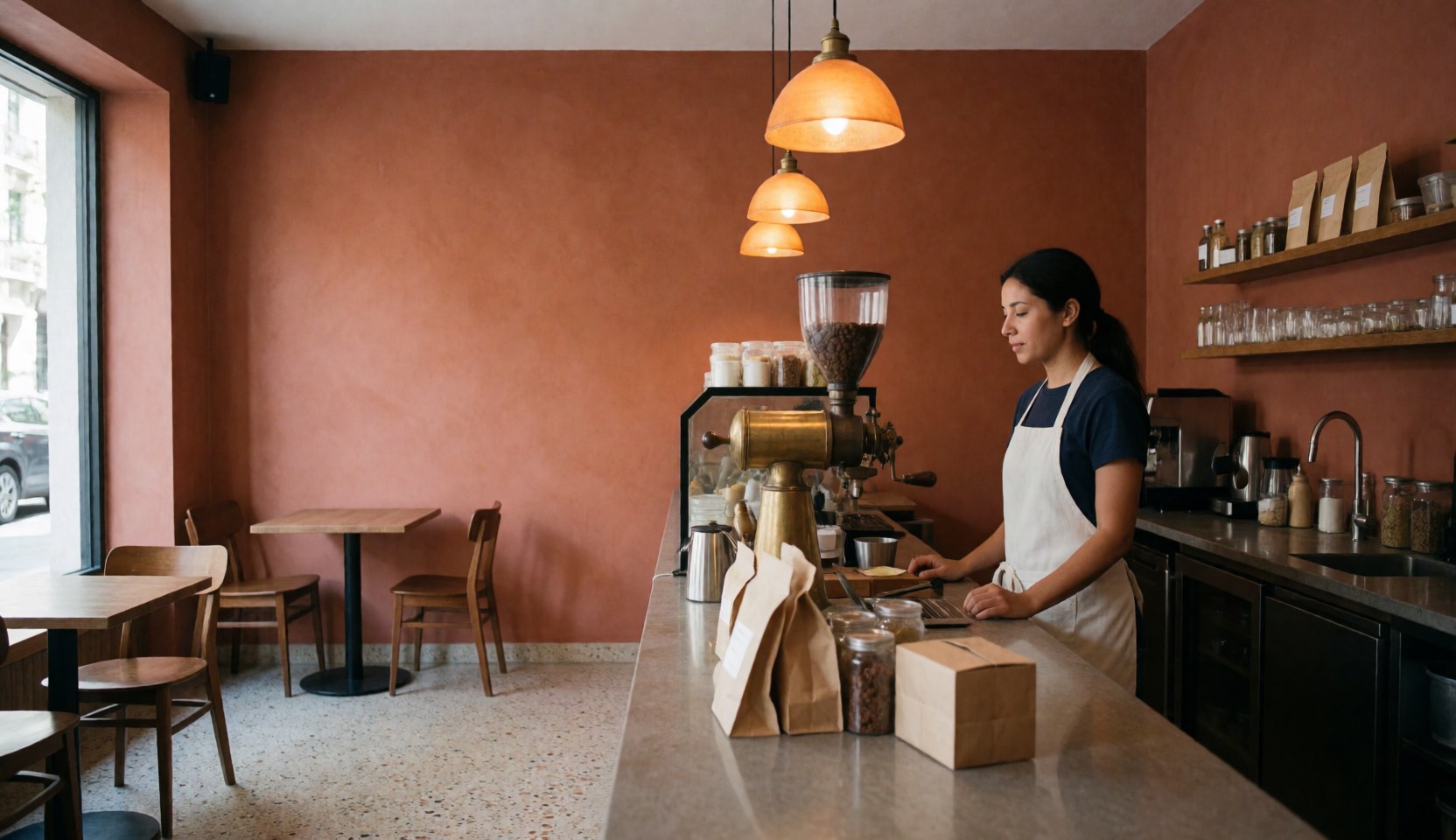 A female barista stands in a terracotta-walled cafe holding a vintage coffee grinder near wooden tables under warm lighting