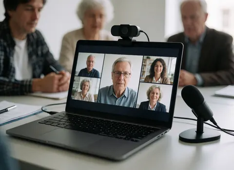 Laptop, webcam, and microphone on a clean desk during a virtual meeting with older participants