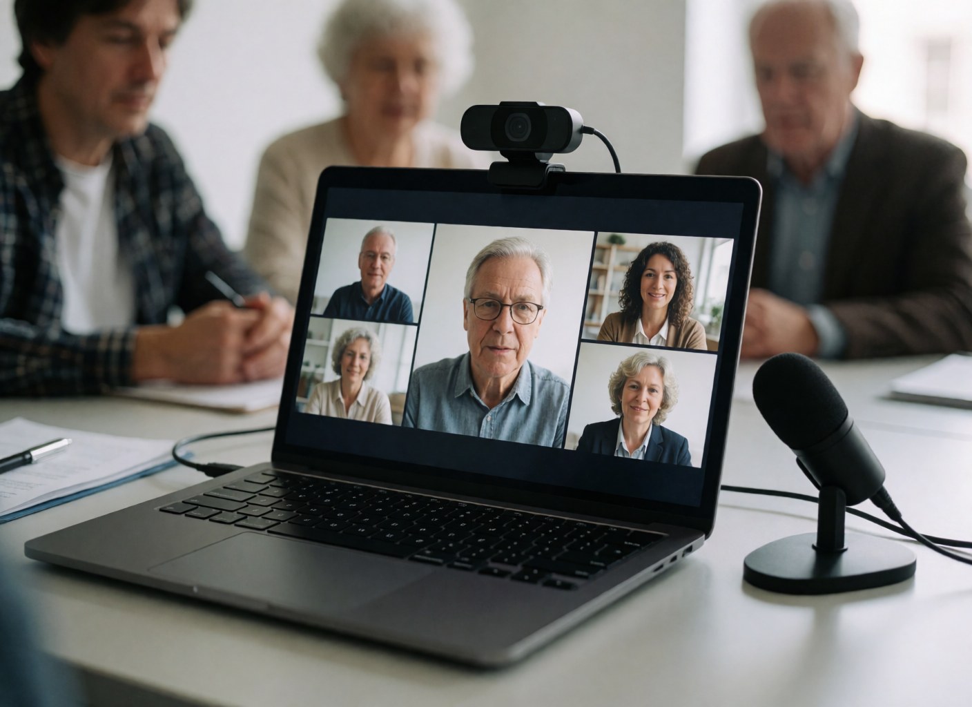 Laptop, webcam, and microphone on a clean desk during a virtual meeting with older participants