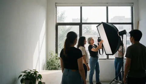 Photographer adjusting a softbox in a studio with large windows and natural light, professional equipment and people working around