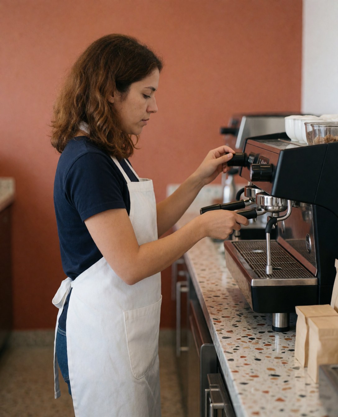 A woman in a white apron serves coffee using an espresso machine in a cafe with terracotta walls and a terrazzo counter