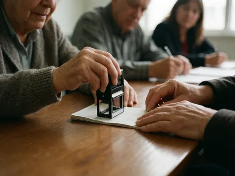 Close-up of an adult hand stamping a document on a wooden table with colleagues in the background