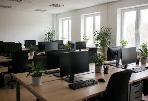 Empty modern office space with desks, computers, plants, and natural light from windows