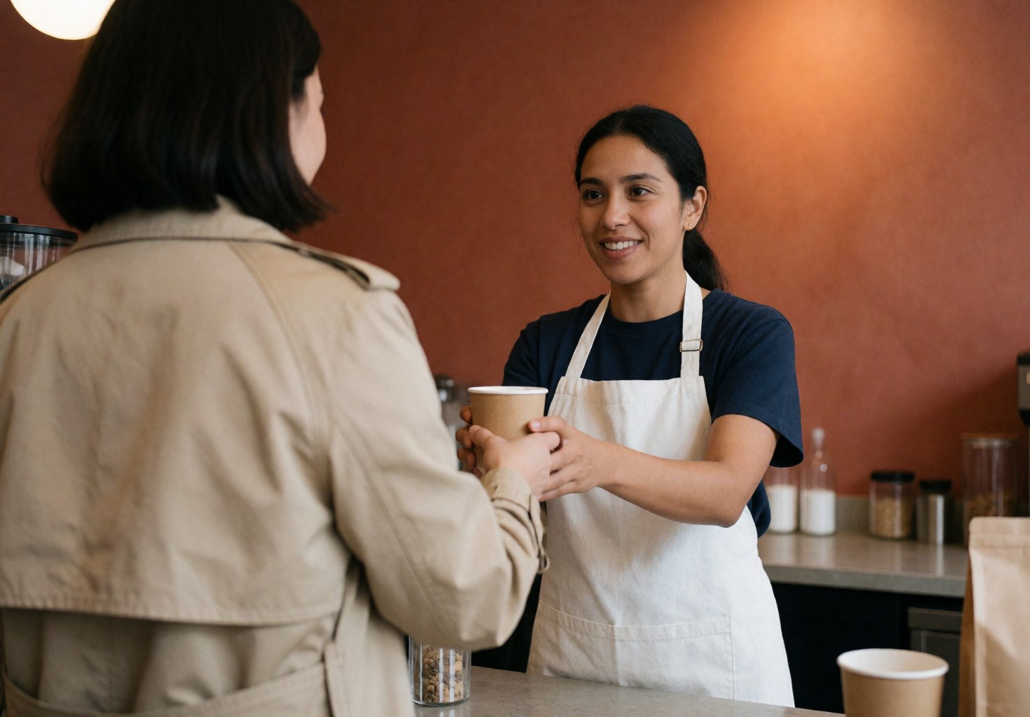 A woman serves a coffee cup to a customer in a cafe with terracotta walls, smiling warmly and professionally.