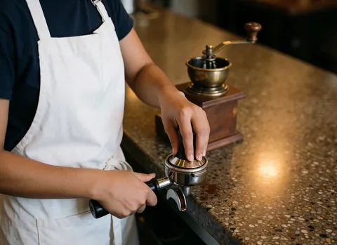 Close-up of barista hands tamping coffee grounds in a portafilter with a grinder and terrazzo background