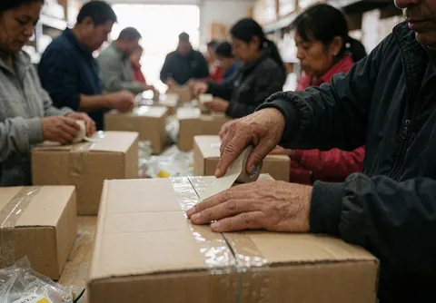 Hands sealing cardboard boxes with adhesive tape in a warehouse.