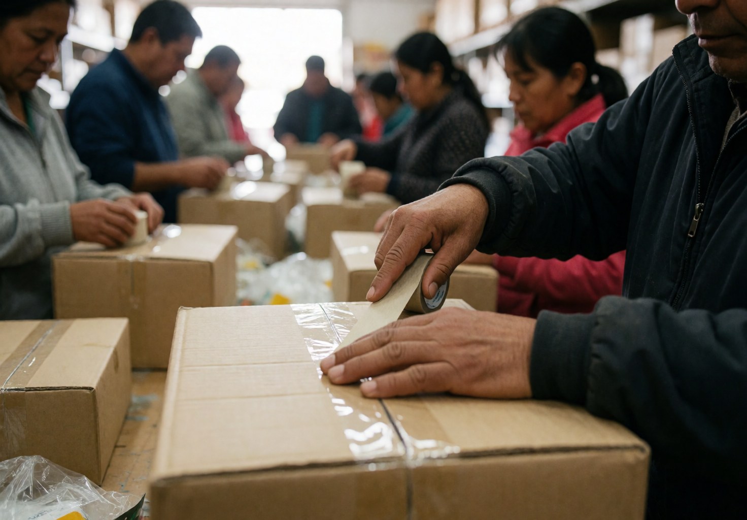 Close-up of a man's hand sealing a cardboard box with tape in a warehouse with workers in the background