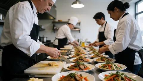 Chefs in a modern kitchen prepare gourmet dishes for a banquet, with plated food and kitchen utensils visible.