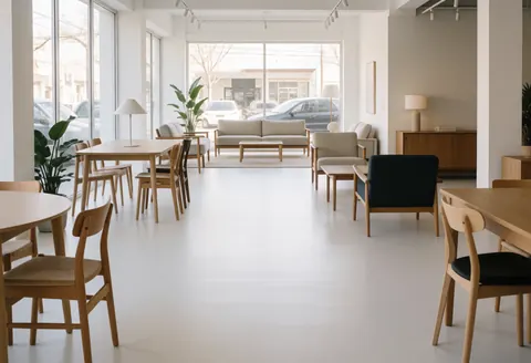 Modern furniture store interior featuring design pieces, white floors, and large windows letting in natural light