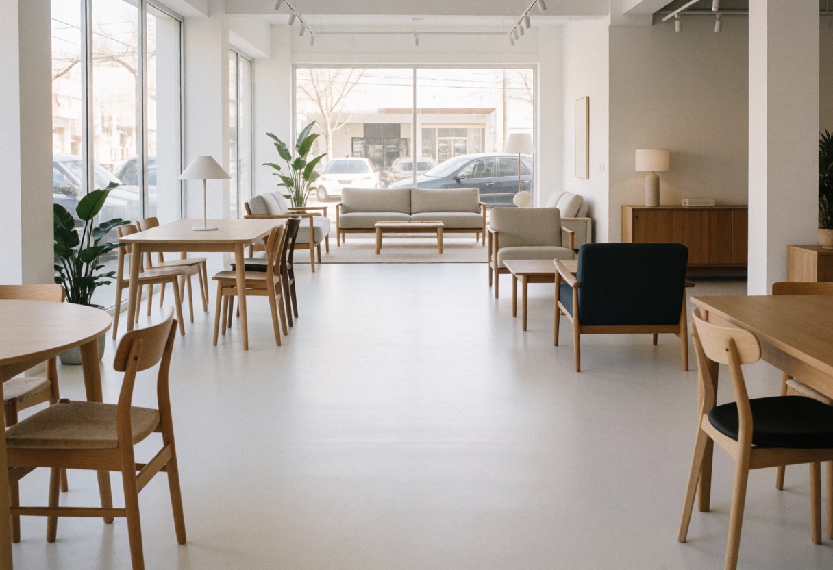 Modern furniture store interior featuring design pieces, white floors, and large windows letting in natural light