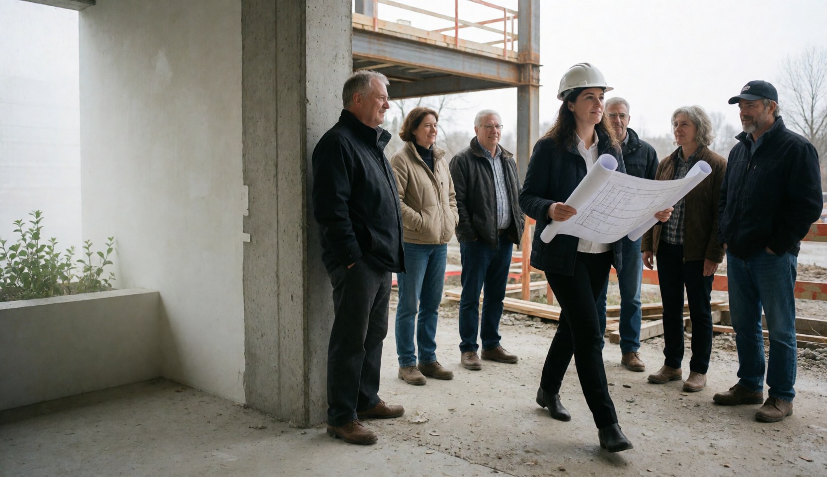 A woman in a white hard hat carries blueprints while walking through a construction site with concrete structures and steel beams.
