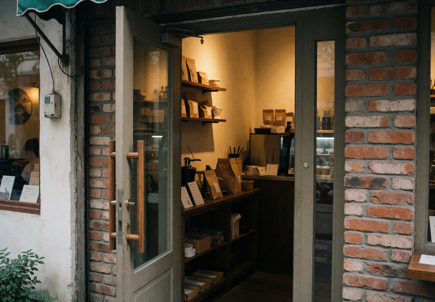 Open doorway of a coffee shop featuring an exposed brick exterior wall and warm interior lighting creating a welcoming atmosphere