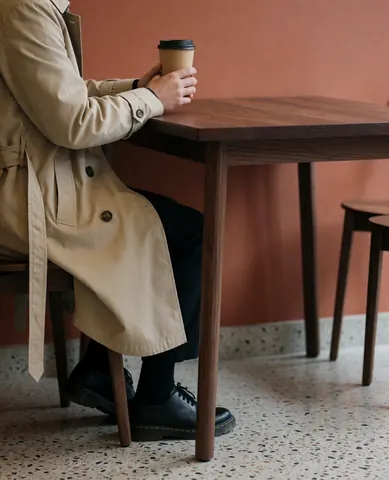Person in beige coat holding coffee cup on dark wood table in modern cafe with terracotta wall