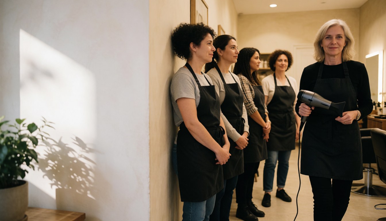 A group of hair stylists in a salon with a woman using a hair dryer in the foreground and warm professional lighting