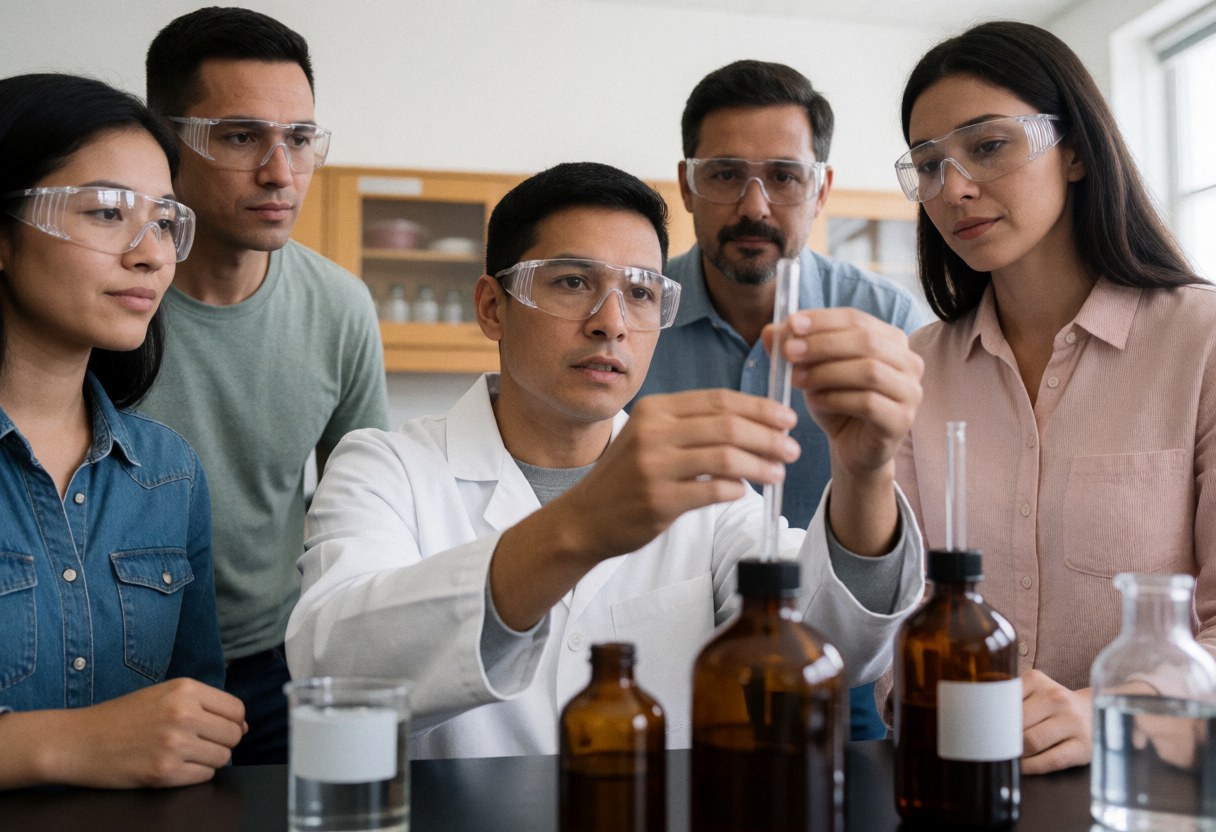 Chemistry professor demonstrates a lab experiment to students using glassware and bottles while everyone wears safety goggles in a realistic educational setting