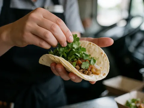 Close-up of a server's hand adding fresh cilantro to a taco filled with meat and sauce, with a blurred food truck background.