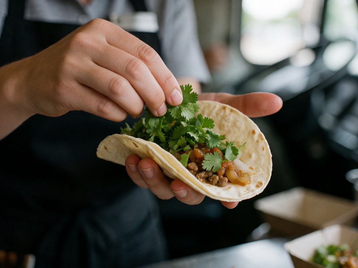 Close-up of a server's hand adding fresh cilantro to a taco filled with meat and sauce, with a blurred food truck background.