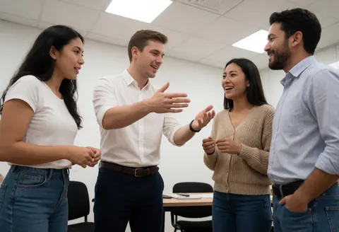 Language teacher leads role-play activity with smiling adult students in a modern classroom setting