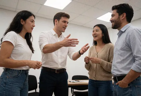 An instructor speaking with students in a language class in a modern classroom.