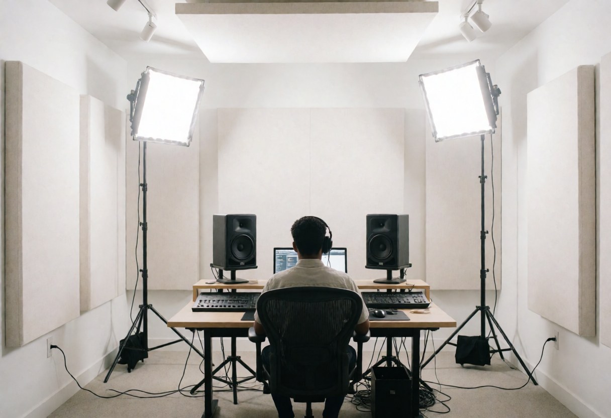 Interior of a professional recording studio featuring acoustic walls, lighting equipment, and an operator working at a computer with headphones.